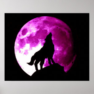 Póster Cartel de lobo aullando a la luna
