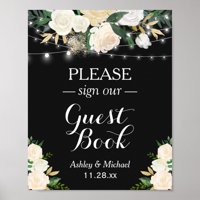 Póster Cartel de Luces de Cuerda Floral Blanca Chic Firma (Frente)