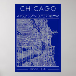 Póster Cartel de mapa de la ciudad de Chicago Azul Minima