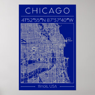 Póster Cartel de mapa de la ciudad de Chicago Azul Minima