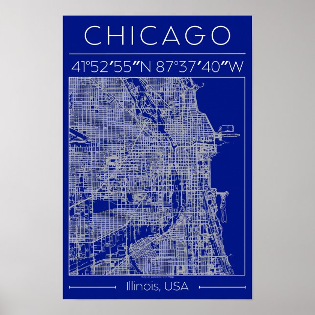 Póster Cartel de mapa de la ciudad de Chicago Azul Minima (Frente)