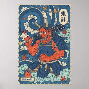 Póster Cartel de Máscara Oni - Guerrero Japonés Gráfico