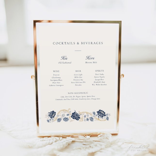 Póster Cartel de menú de bar Art Nouveau con flores azul  (Navy Blue and Gold Floral Art Nouveau Cocktail Menu)