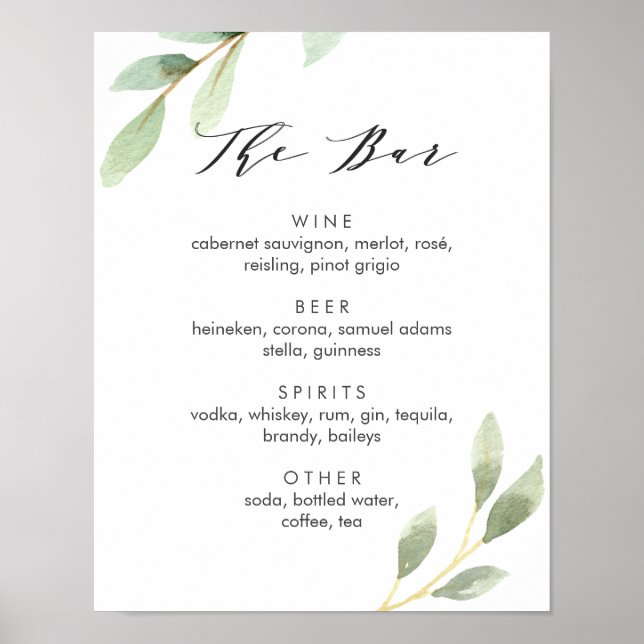 Póster Cartel de menú de bar de boda botánico de follaje  (Frente)