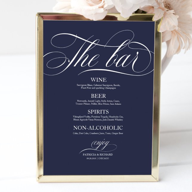Póster Cartel de menú de bar de boda Chic Azul Marino (Subido por el creador)