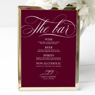 Póster Cartel de menú de bar de boda Chic Burgundy Marsal