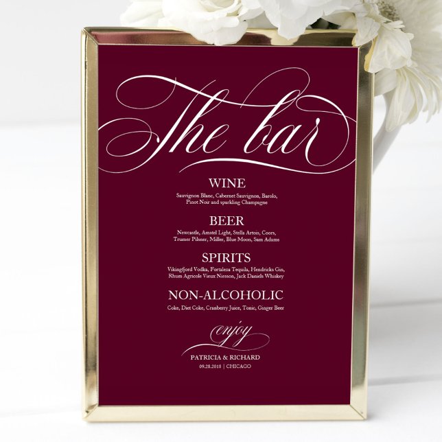 Póster Cartel de menú de bar de boda Chic Burgundy Marsal (Subido por el creador)