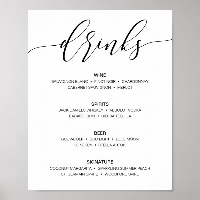 Póster Cartel de menú de bar de boda rústica moderna Bebi (Frente)