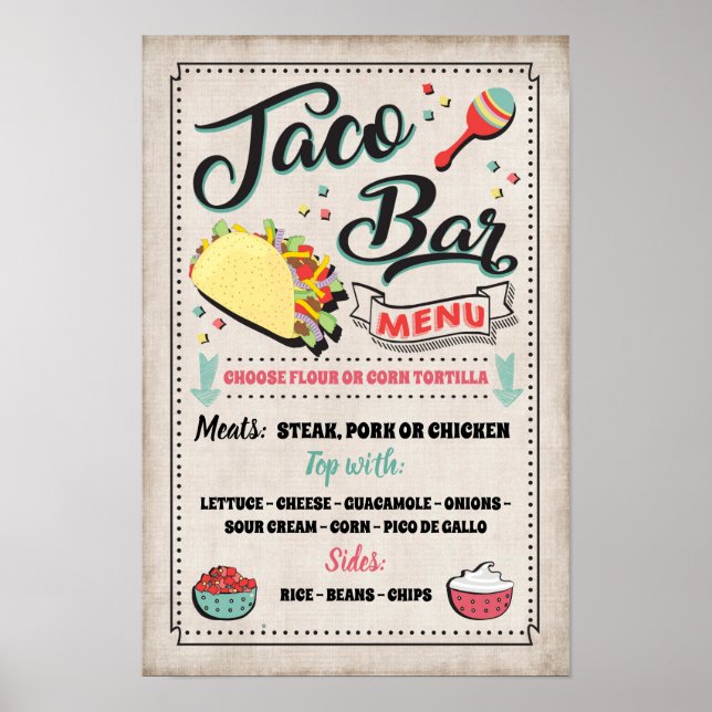 Póster Cartel de menú de barra de tacos para fiesta (Frente)