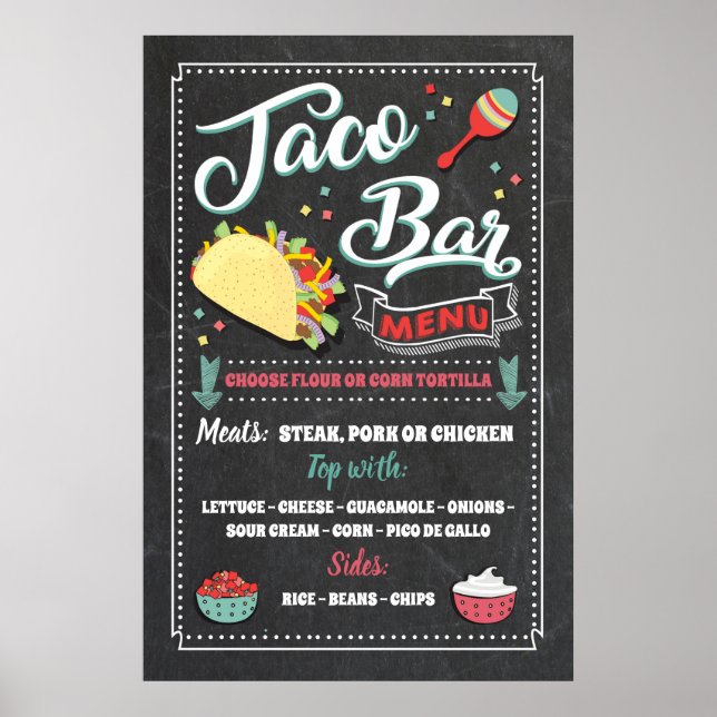 Póster Cartel de menú de barra de tacos para fiesta (Frente)