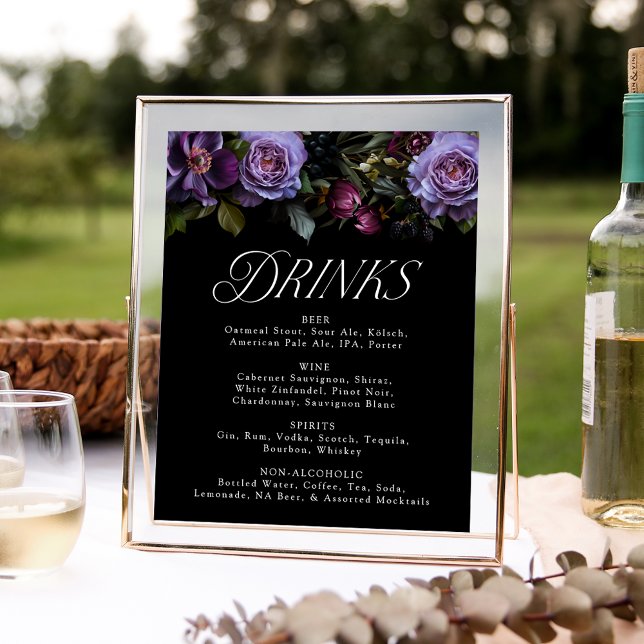 Póster Cartel de menú de bebidas de boda con flores púrpu (Subido por el creador)
