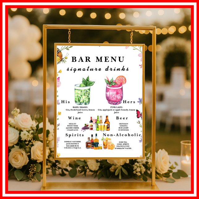 Póster Cartel de menú de bebidas de boda con flores silve (Subido por el creador)