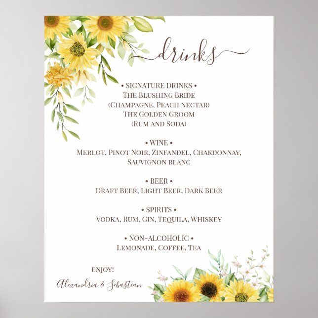 Póster Cartel de menú de bebidas de boda con vegetación d (Frente)