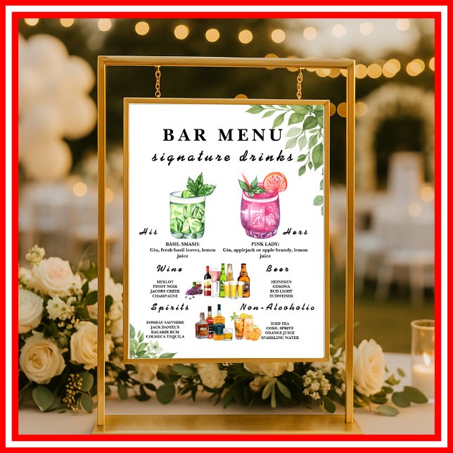 Póster Cartel de menú de bebidas de boda con vegetación v (Subido por el creador)