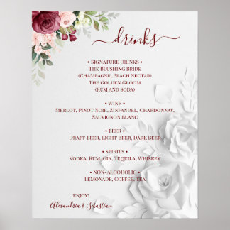 Póster Cartel de Menú de Bebidas de Boda Floral