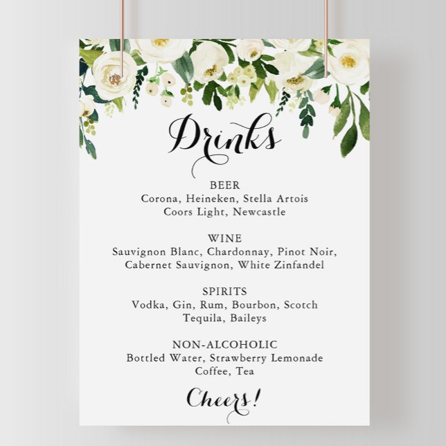 Póster Cartel de menú de bebidas de boda floral blanco de (Subido por el creador)