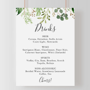 Póster Cartel de menú de bebidas de boda floral simple de