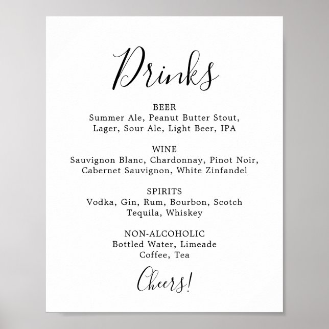Póster Cartel de menú de bebidas de boda minimalista (Frente)