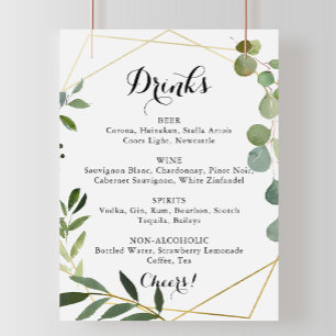 Póster Cartel de menú de bebidas de boda tropical dorado 