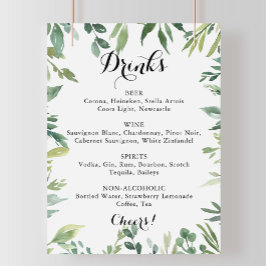 Póster Cartel de menú de bebidas de boda verde tropical e