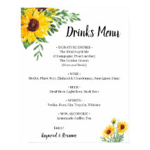 Cartel de Menú de Bebidas de Bodas con Girasoles y