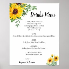 Póster Cartel de Menú de Bebidas de Bodas con Girasoles y