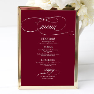 Póster Cartel de menú de boda elegante Burgundy Marsala