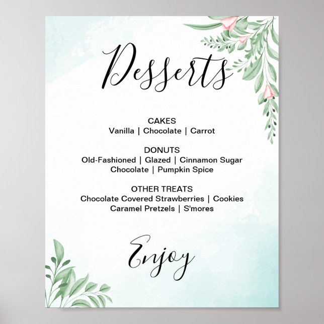 Póster Cartel de menú de postres de boda de eucalipto azu (Frente)