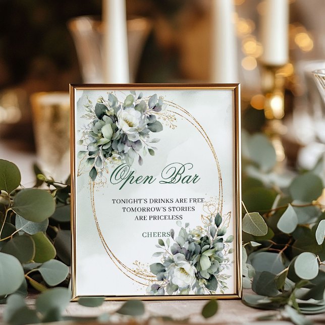 Póster Cartel de mesa de bar abierto de oro verde botánic (Botanical Green Gold Open Bar Tabletop Sign)
