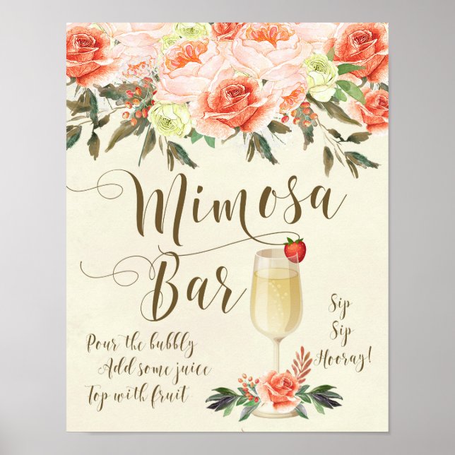 Póster Cartel de Mimosa Bar con flores melocotón para bod (Frente)