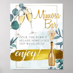 Póster Cartel de Mimosa para Brunch Nupcial con Follaje d
