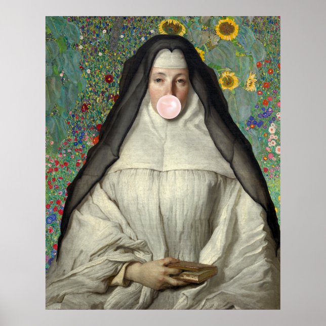 Póster Cartel de monja soplando chicle rosa (Frente)