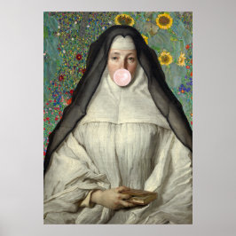 Póster Cartel de monja soplando chicle rosa