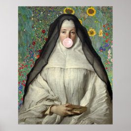 Póster Cartel de monja soplando chicle rosa