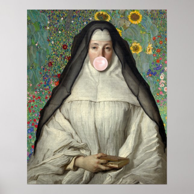 Póster Cartel de monja soplando chicle rosa (Frente)