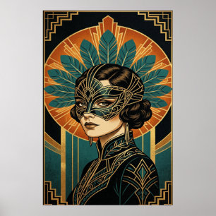 Póster Cartel de mujer de máscara Art Déco elegante dorad