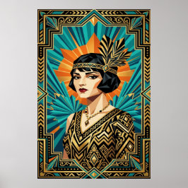 Póster Cartel de mujer flapper Art Déco en dorado y azul 