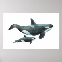Cartel de orca madre y bebé en acuarela