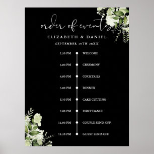 Póster Cartel de orden de eventos de boda floral verde