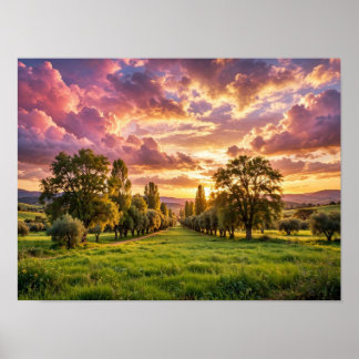 Póster Cartel de ovejas pacíficas pastando al atardecer -