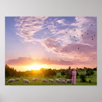 Póster Cartel de ovejas pacíficas pastando al atardecer -