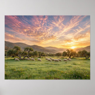 Póster Cartel de ovejas pacíficas pastando al atardecer -