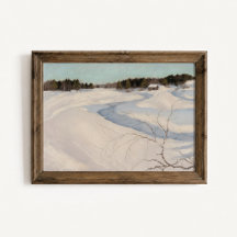 Cartel de paisaje de cabaña junto al río en invier