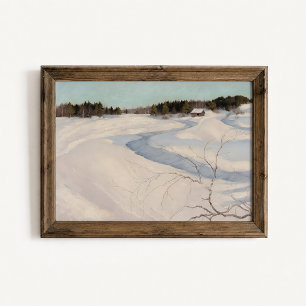 Póster Cartel de paisaje de cabaña junto al río en invier
