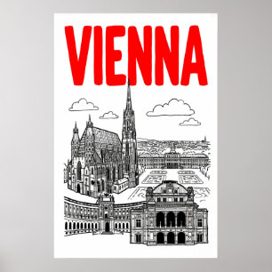 Póster Cartel de paisaje urbano de Viena, texto rojo, lín