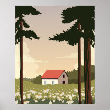 Cartel de pared paisaje forestal, casa en el bosqu