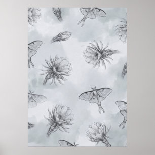 Póster Cartel de patrón azul brumoso con flores de loto y