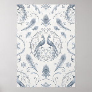 Póster Cartel de patrón de copo de nieve de pavo real azu