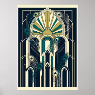 Póster Cartel de plumas de pavo real Art Deco azul marino
