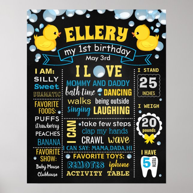 Póster Cartel de primer cumpleaños en el tablero Rubber D (Frente)